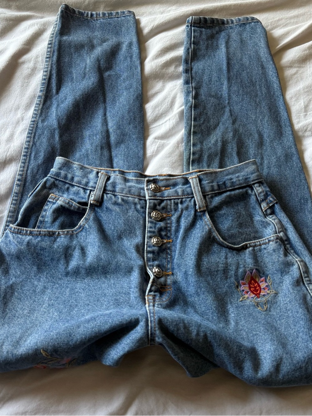 Vintage 90s Boom Boom Jeans Women's Straight Leg Blue Embroidered Denim